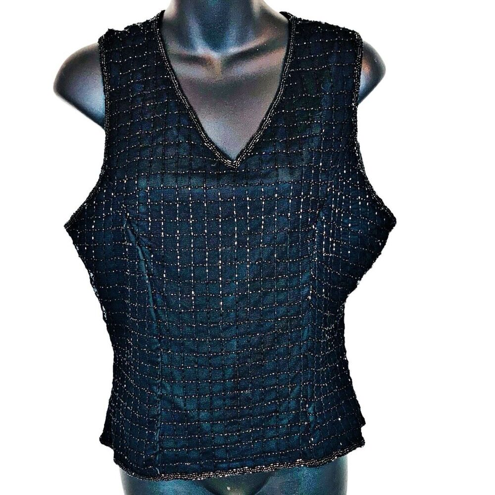 Vintage Stenay Beaded Tank Top Black Size 10 Formal Black Tie Cocktail 1990s 90s